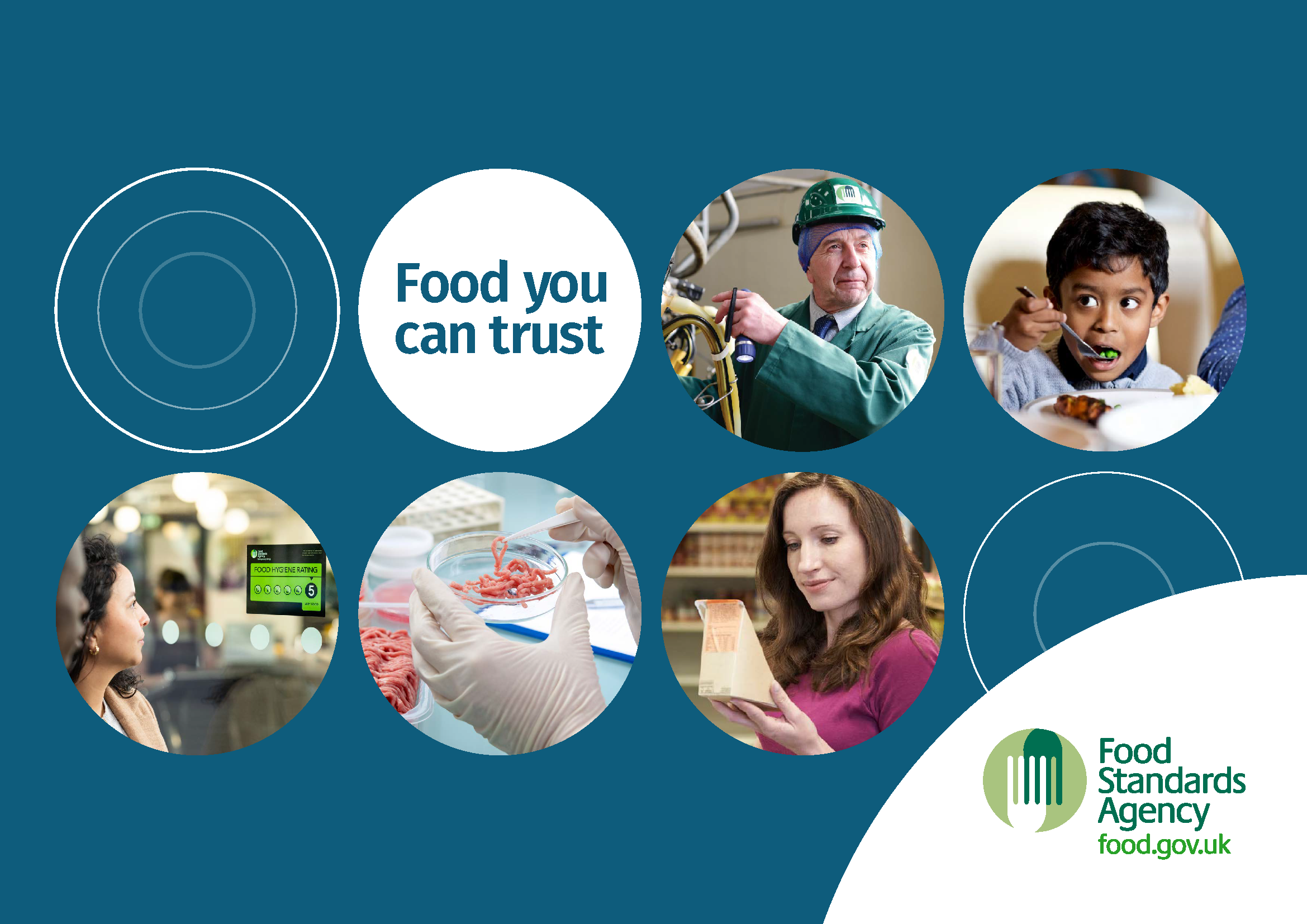 Front cover of the FSA Brochure - a group of people in circles with "Food you can trust' in one of them. Food Standards Agency logo in bottom right.