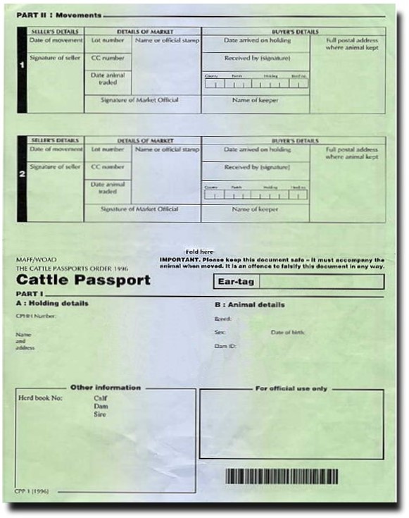CPP-1  Example of an old style CPP-1 cattle passport