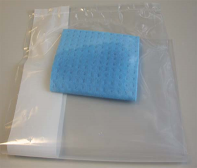 A sponge swab which has been rehydrated with diluent in a sterile plastic sample bag