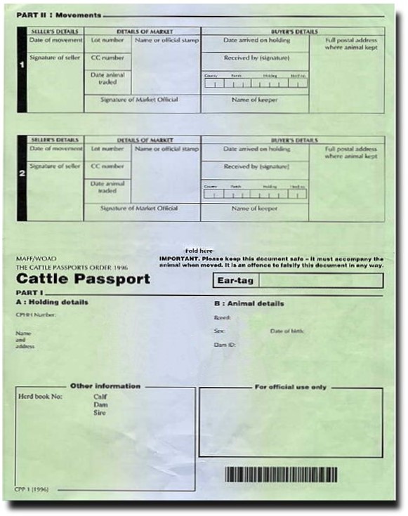 CPP-1 Example of an old style CPP-1 cattle passport