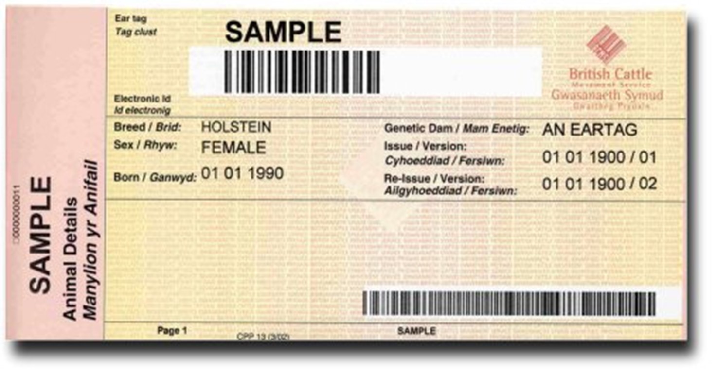 CPP 13 Example picture of a chequebook-style paasport (CPP13) cattle identification document issued by BCMS.