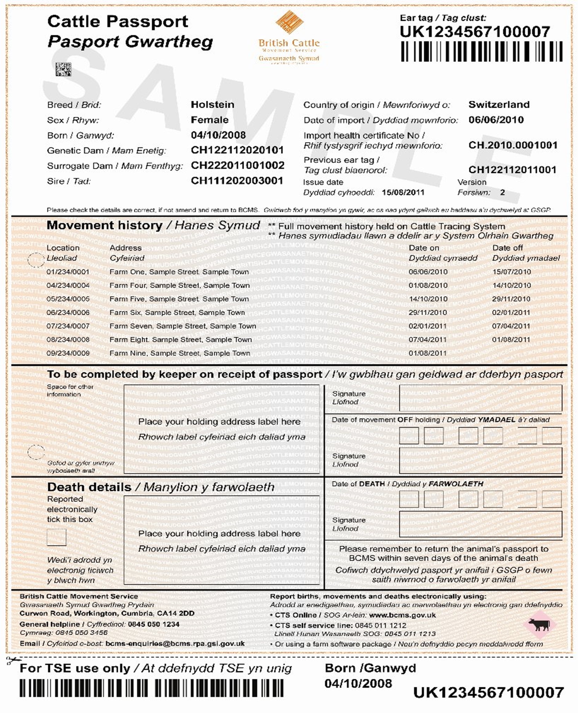 CPP 52 front bovine Sample copy of the cattle identification document CPP 52 imported bovine (front page) document.