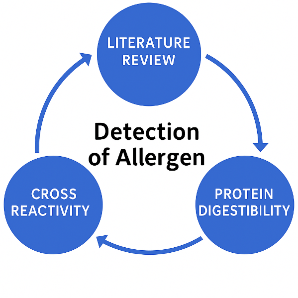 A circular flow diagram with three circles connected by arrows around the phrase 'Detection of Allergen' in the centre. The circles are labelled 'Literature Review,' 'Protein Digestibility,' and 'Cross Reactivity,' representing steps in allergenicity assessment.