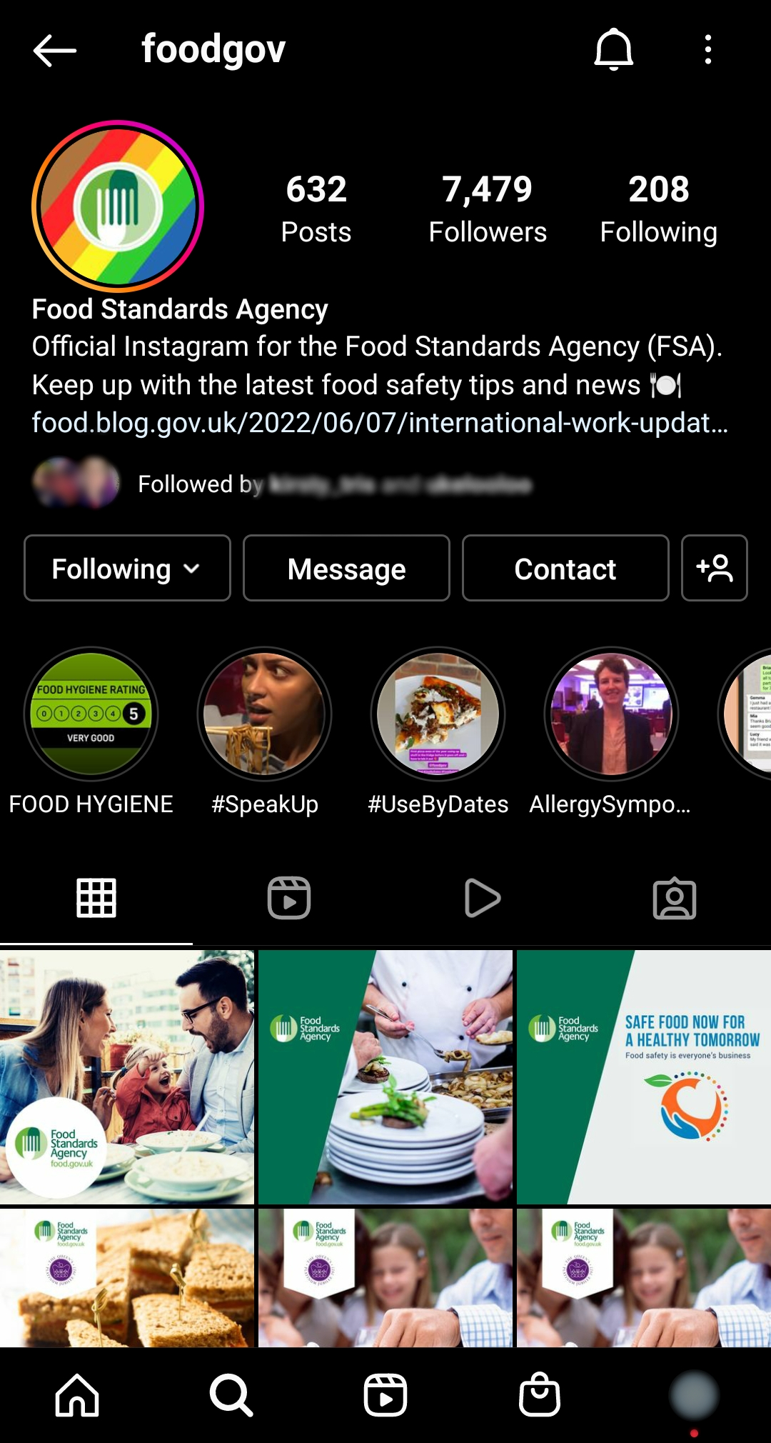 An Instagram profile page with highlighted reel called FOOD HYGIENE that features a 5-rating FHRS badge