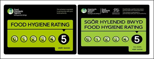 An FHRS sticker used in England and Northern Ireland with a rating of five and an FHRS sticker used in Wales with a rating of five. 