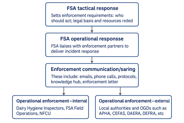 Flowchart showing how organisations work together to prepare for, respond to, and recover from emergencies in the UK. It shows links between local, regional, and national teams, explaining how planning happens in advance, how responses are coordinated during an incident, and how recovery is managed afterwards.