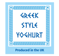 Delwedd o label bwyd sy’n dweud “Greek Style Yoghurt” mewn ffont mawr gyda’r testun oddi tano yn dweud “Produced in the UK” mewn ffont ychydig yn llai.