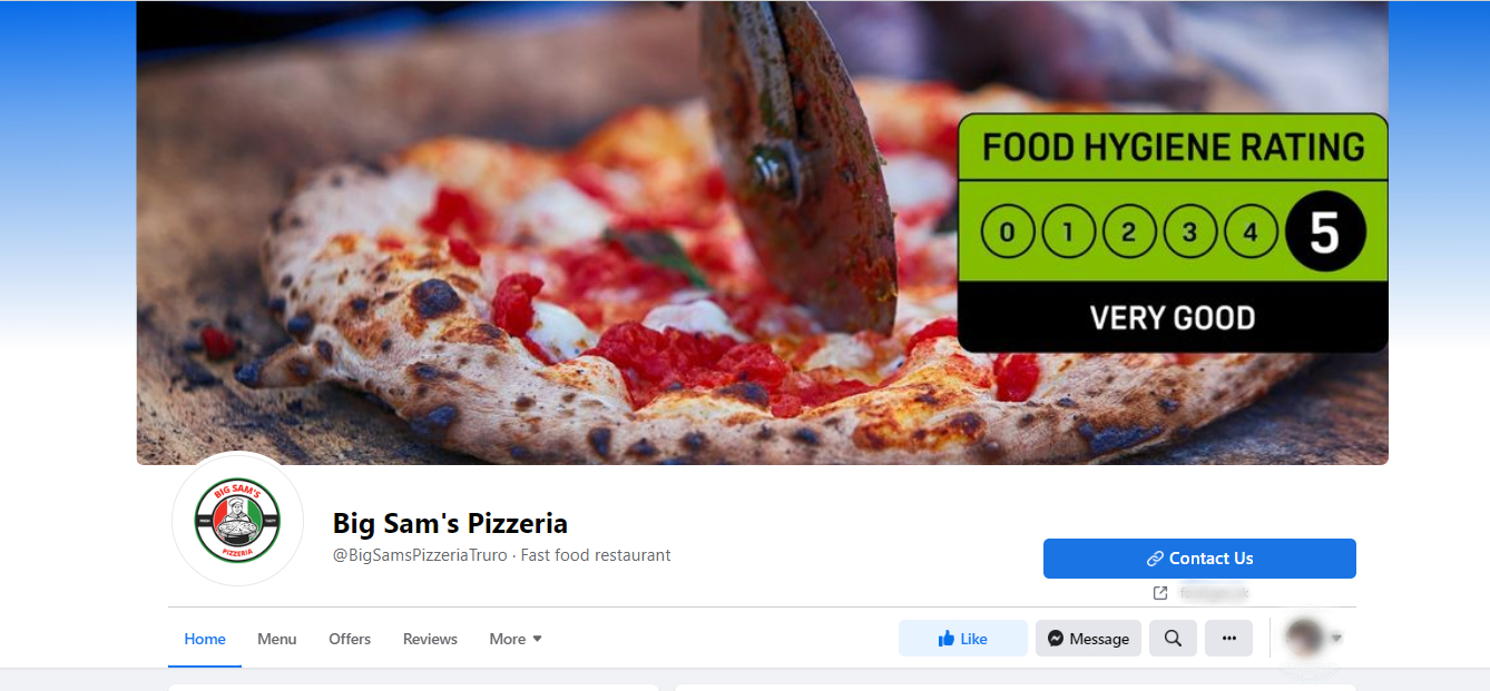 A facebook cover image with a 5-rating FHRS badge on top of pizza being sliced 