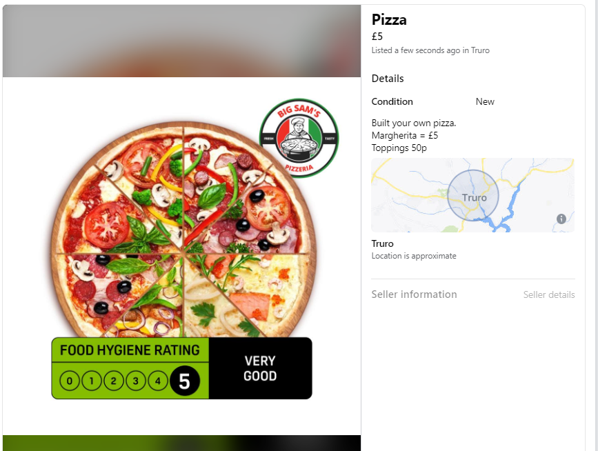 A facebook marketplace listing with a 5-rating FHRS badge on top of pizza 