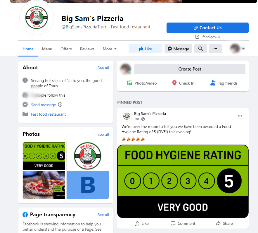 A facebook page with a pinned post featuring a 5-rating FHRS badge