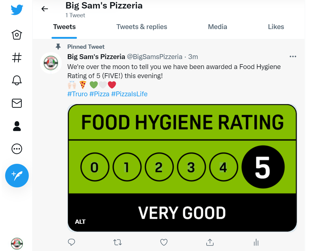A pinned tweet with a 5-rating FHRS badge