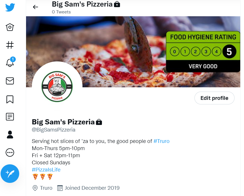 A twitter profile with a header image of a 5-rating FHRS badge on top of pizza being sliced