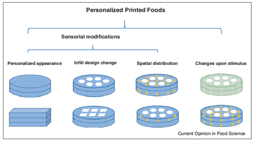 Textural design concepts for sensory modification using 3D and 4D printing, the images shows personalised appearance, infill design change, spatial distribution and changes upon stimulus.