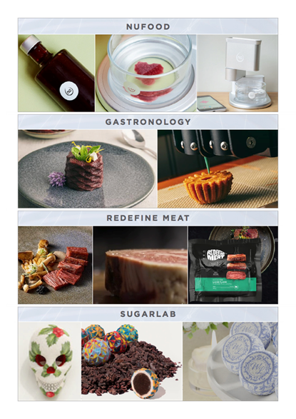 Examples of 3D printed food items including NuFood, Gastronology, redefine meat and sugar lab.