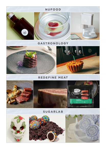 Examples of 3D printed food items including NuFood, Gastronology, redefine meat and sugar lab.