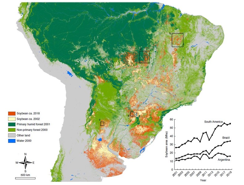 Land-use impacts by soybean crop expansion in South America presented through overlays of annual soybean classification maps from 2001 to 2019. Source: Song et al. (2021)