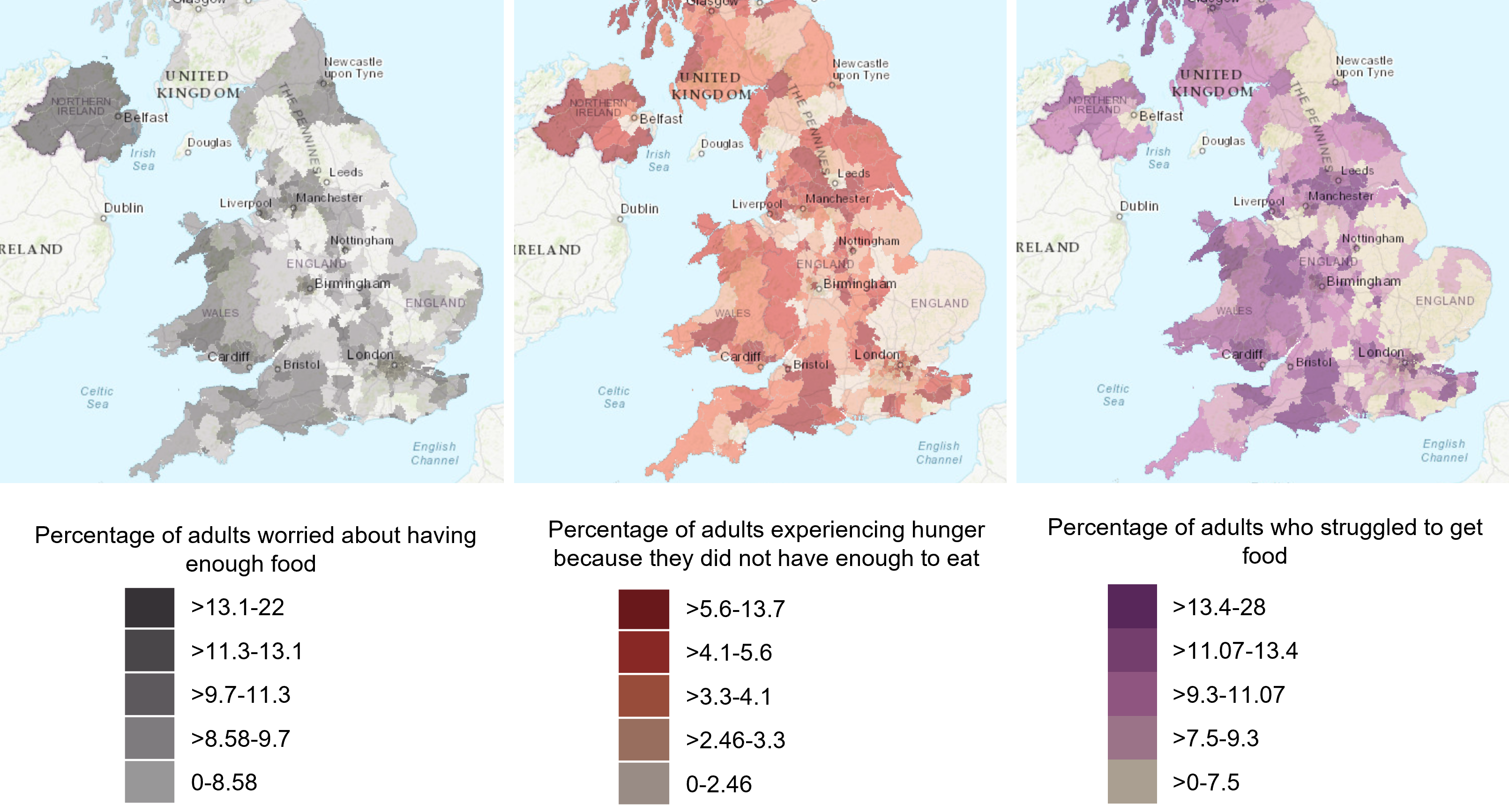 Estimates of the percentage of adults who worried about having enough food, experienced hunger or struggled to get food at a local authority level