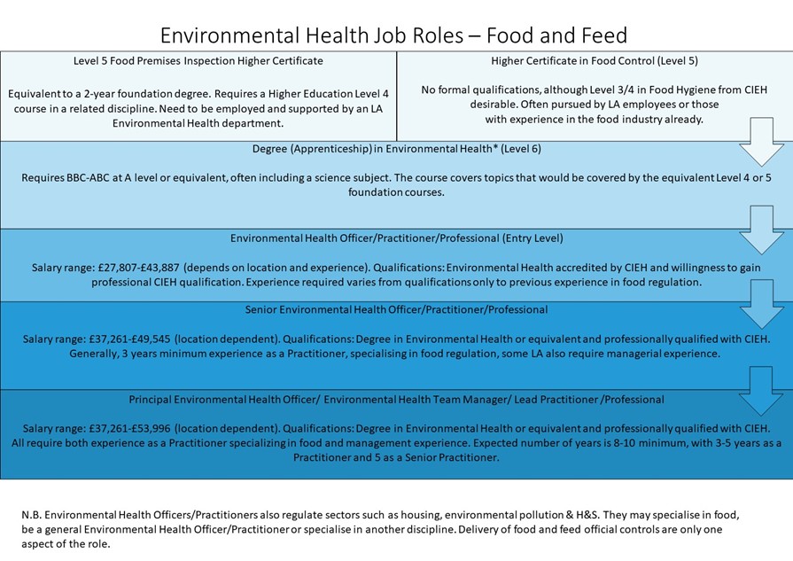 Diagram outlining the different job roles for an Environmental Health career, focussing on food and feed.