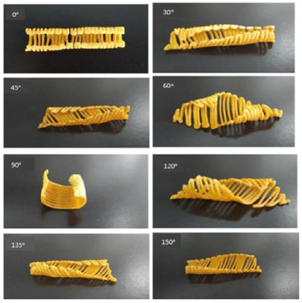 Examples of 4D shape change after drying of a flat structure, there are 8 images showing temperatures from 0 to 150 degrees. 