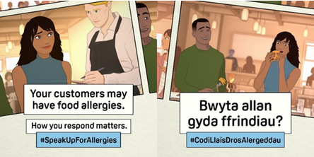 Two cartoon images depicting a waiter taking a woman's order and the couple enjoying their food. Text overlaid says: Your customers may have food allergies. How you respond matters. #SpeakUpForAllergies