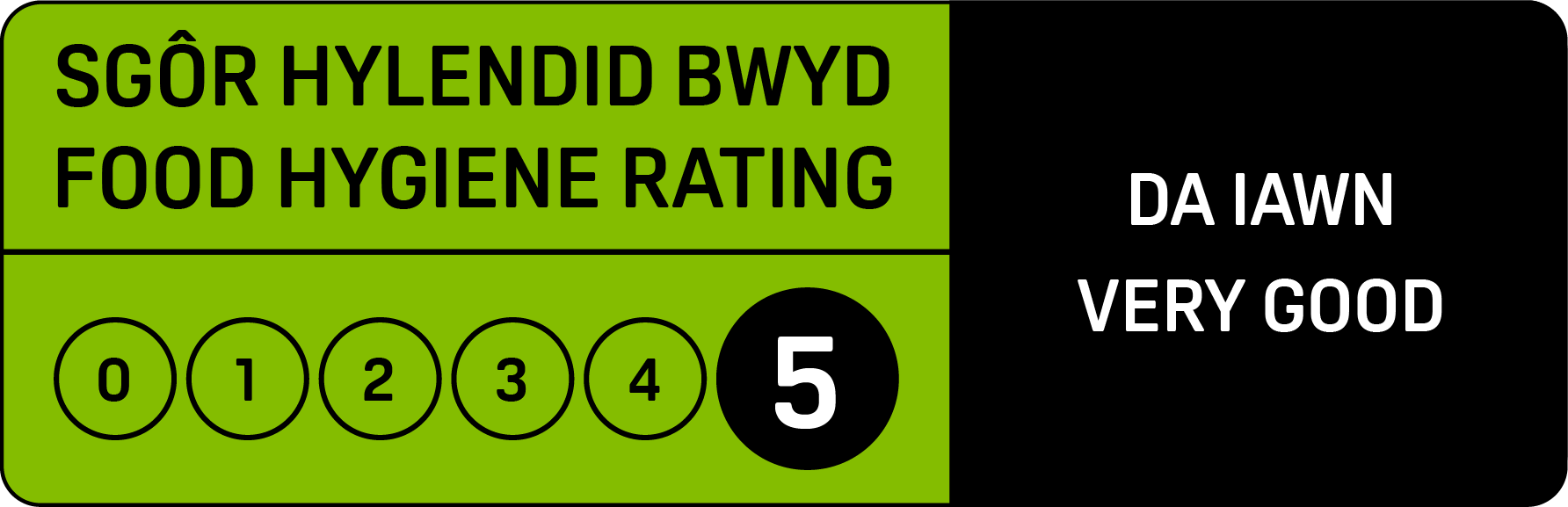 Sgôr hylendid bwyd / Food Hygiene Rating 5 - Da Iawn / Very good (version 1)