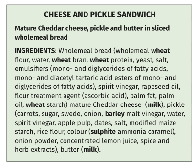 Example of a label used for food sold prepacked for direct sale, in this case a cheese and pickle sandwich. All ingredients are clearly listed with allergens marked in bold.