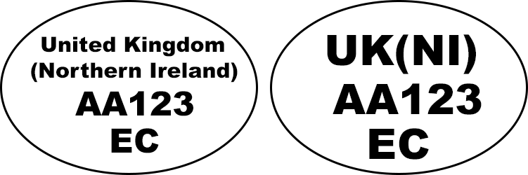 Example of identification oval mark: 'United Kingdom (Northern Ireland) AA123 EC', 'UK(NI) AA123 EC'