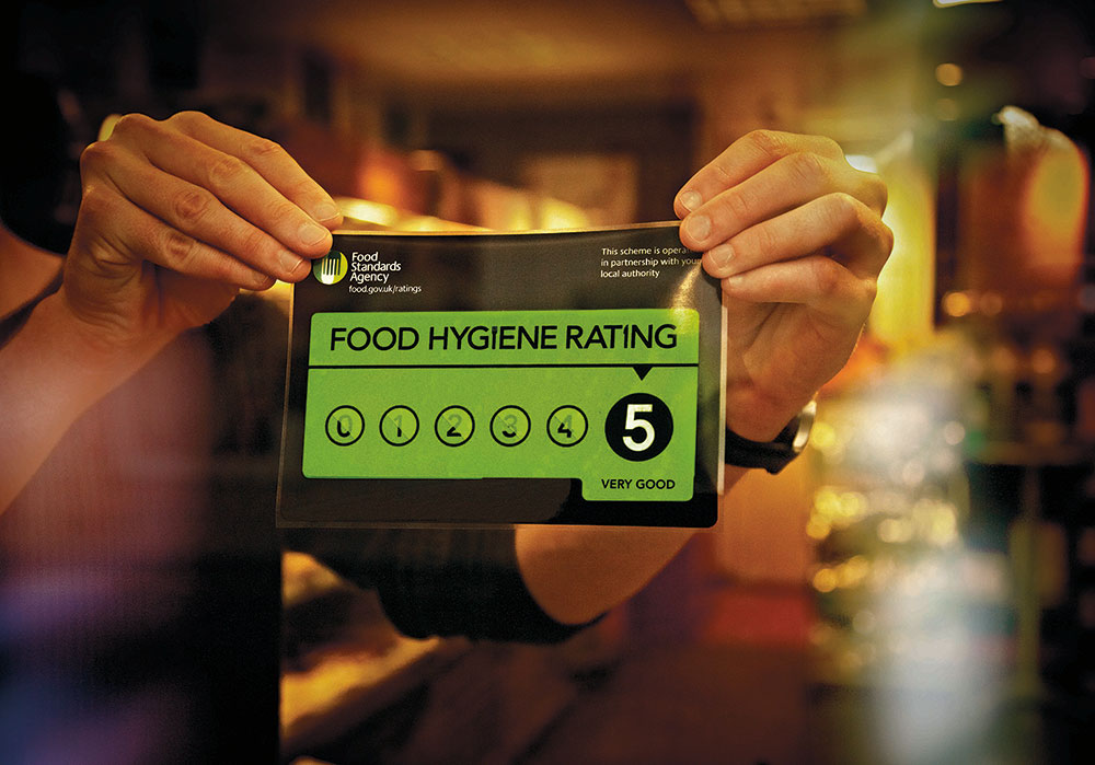 Food Hygiene Rating Scheme FHRS 5 sticker in a window