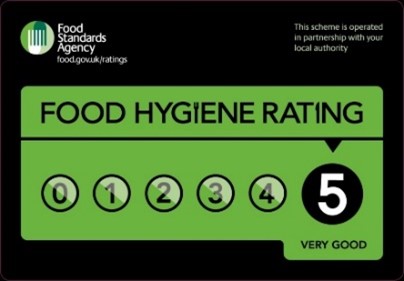 An example image of a 5 rating FHRS sticker in English