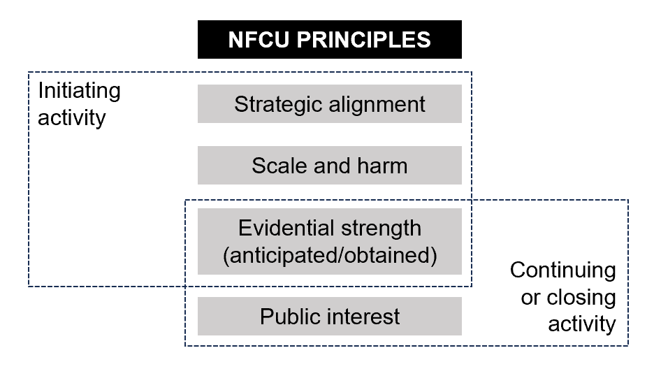 Strategic alignment, scale and harm, evidential strength, public interest.