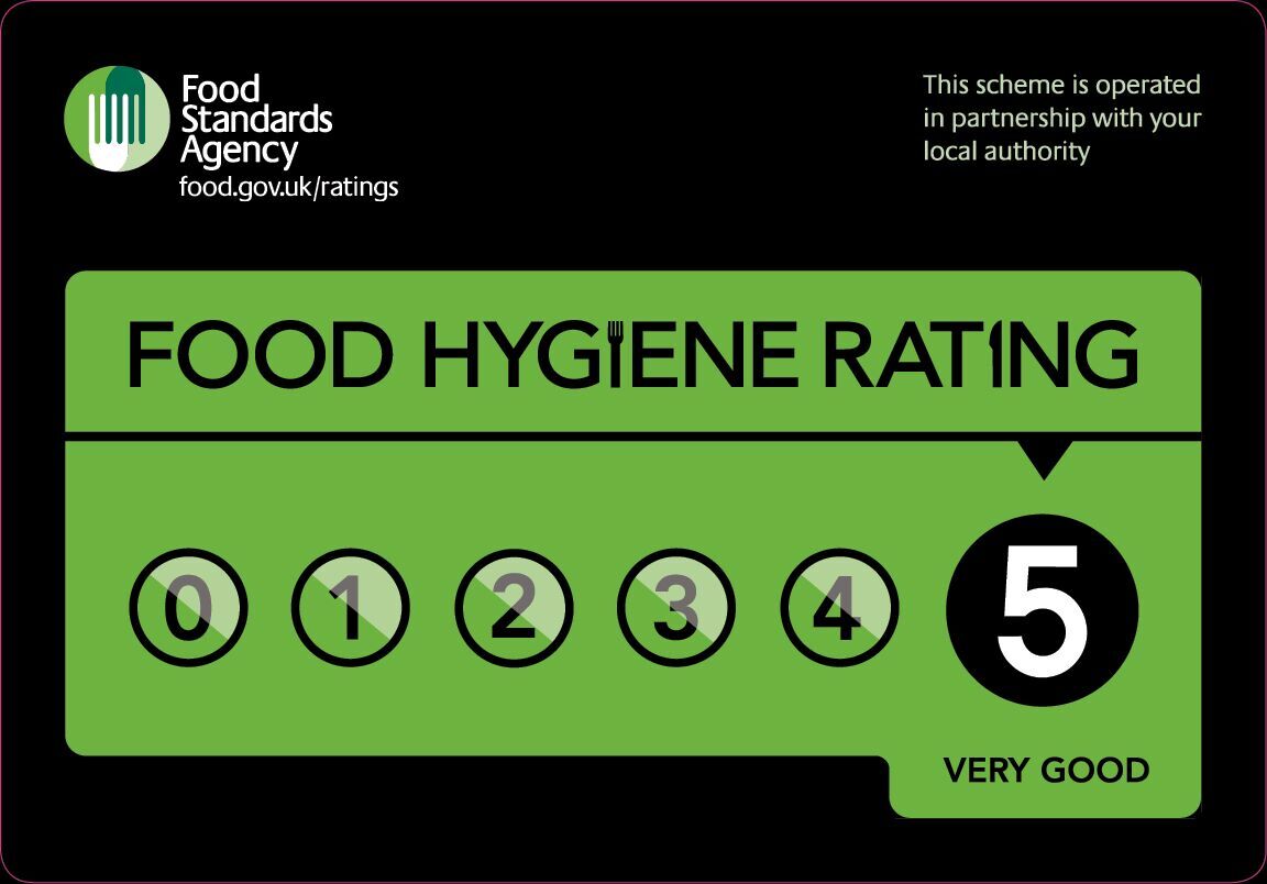 Food Hygiene Rating sticker with a five rating