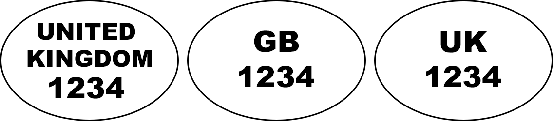 Examples of health and identification oval marks: 'UNITED KINGDOM 1234', 'GB 1234', 'UK 1234'