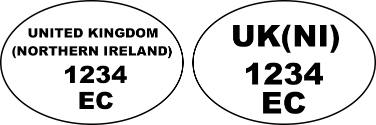 Examples of health and identification oval marks: 'UNITED KINGDOM (NORTHERN IRELAND) 1234 EC', 'UK(NI) 1234 EC’