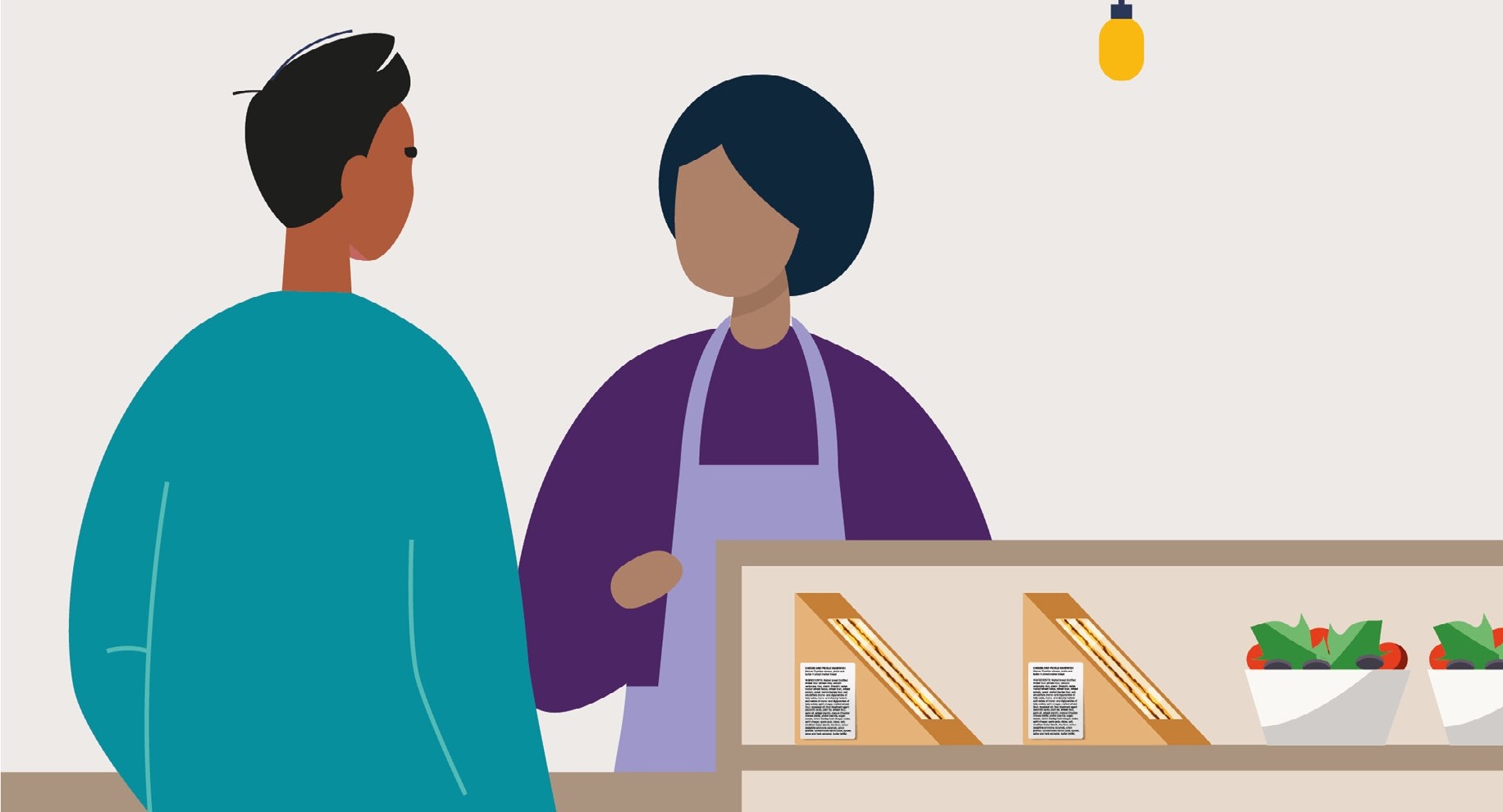Illustration of two people in shop with labelled PPDS food