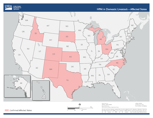 Map showing HPAI in Domestic Livestock in USA - Affected States are Idaho, South Dakota, Michigan, Ohio, Colorado, Kansas, North Carolina, New Mexico and Texas.