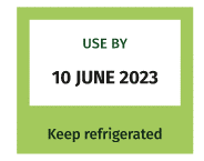 Example of a use by date on a food product with storage information below it saying “Keep refrigerated”.