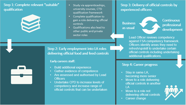 Diagram outlining the overarching environmental health or trading standards career pathway. Step 1 involves completing a relevant suitable qualification. Step 2 is the early employment into local authority roles, delivering food and feed controls. Step 3 is the delivery of official controls by experienced officers. Step 4 is career progress.