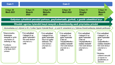 Ffigur 1: Darlun o gerrig milltir allweddol Cynllun Adfer yr ASB