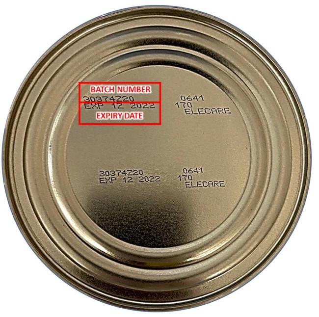 The location of batch codes and best-before dates on the base of recalled cans of Elecare Similac and Alimentum Similac. This batch 30374Z20, best before December 2022 is included in the recall. 