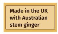 Example of a food label which shows a food made with an ingredient from another country, in this case Australian stem ginger. The label says “Made in the UK with Australian stem ginger”.